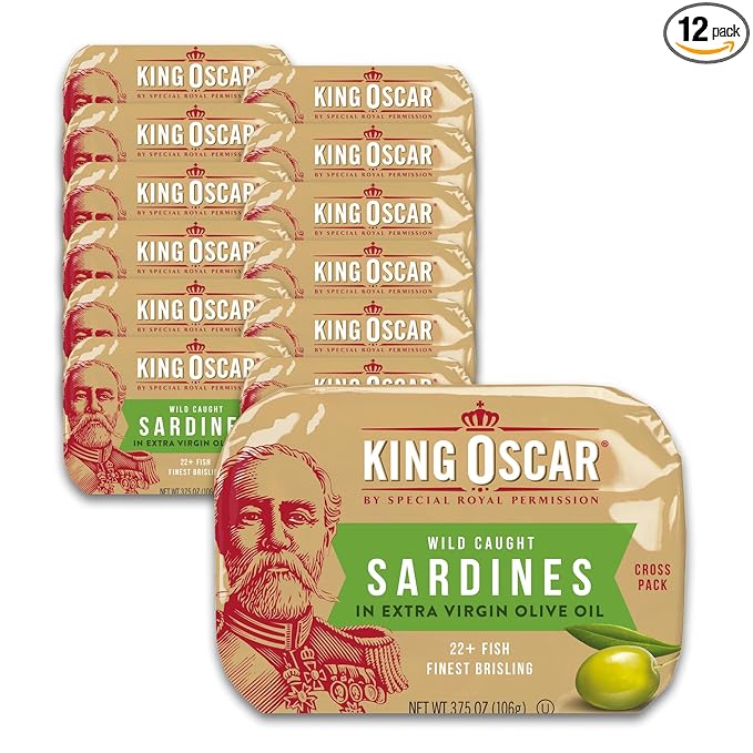 King Oscar Two-layer Sardines in Extra Virgin Olive Oil Cross-Pack, 3.75 Ounce (Pack of 12)