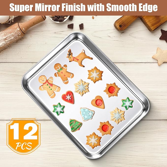 12 Pcs Baking Sheet Pan Set 9 x 6.7 x 1 Inches Cookie Sheet Small Toaster Oven Pans Stainless Steel