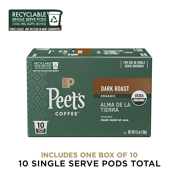 Peet's Coffee, USDA Organic Dark Roast Single Serve Coffee Pods - Alma de la Tierra 10 Count (1 Box