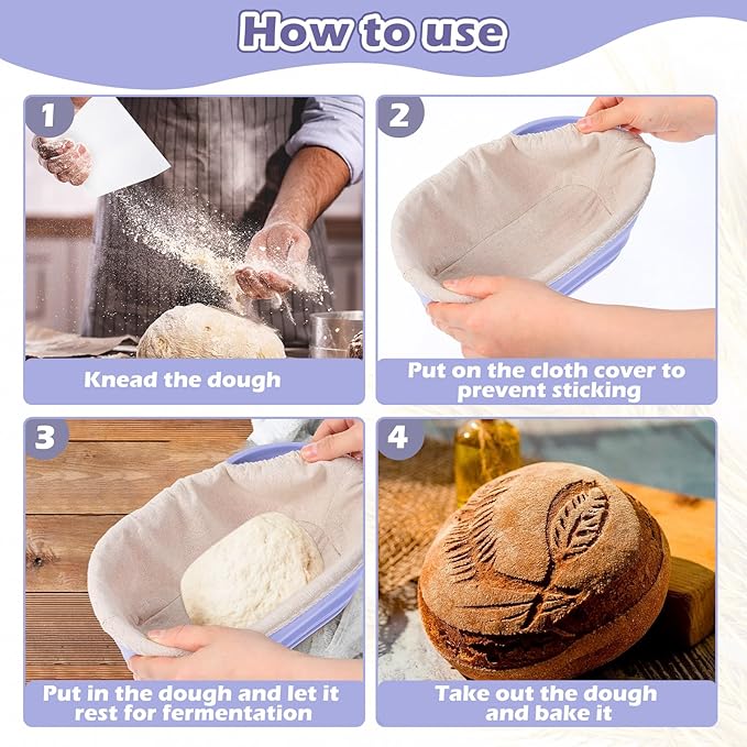 Nuogo 4 Pack Oval Bread Proofing Basket Silicone 10 Inch Collapsible Sourdough Bread Baking