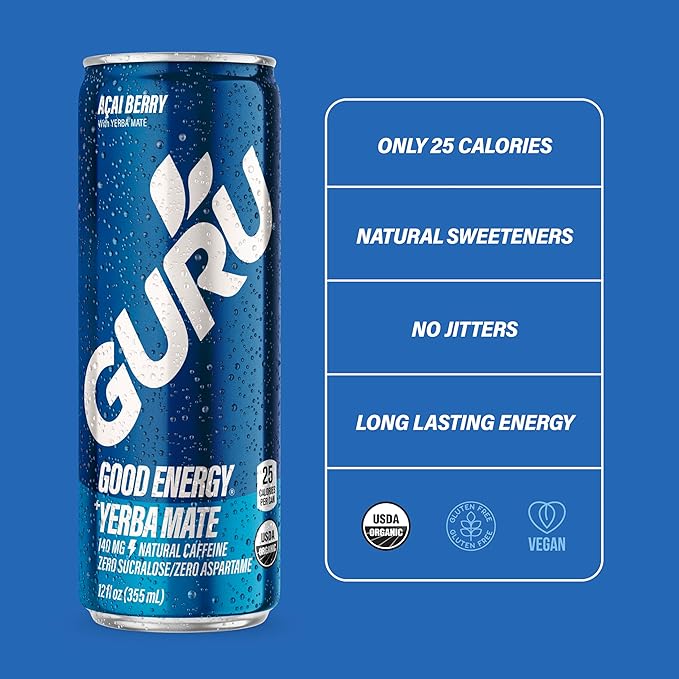 GURU Yerba Mate Organic Energy Drinks, Clean Energy Drink with Plant Based Natural Caffeine from