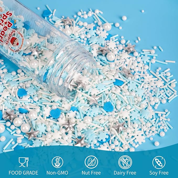 Edible Frozen Sprinkles ,Blue Heart White Snowflake Silver Star Pearl Jimmies