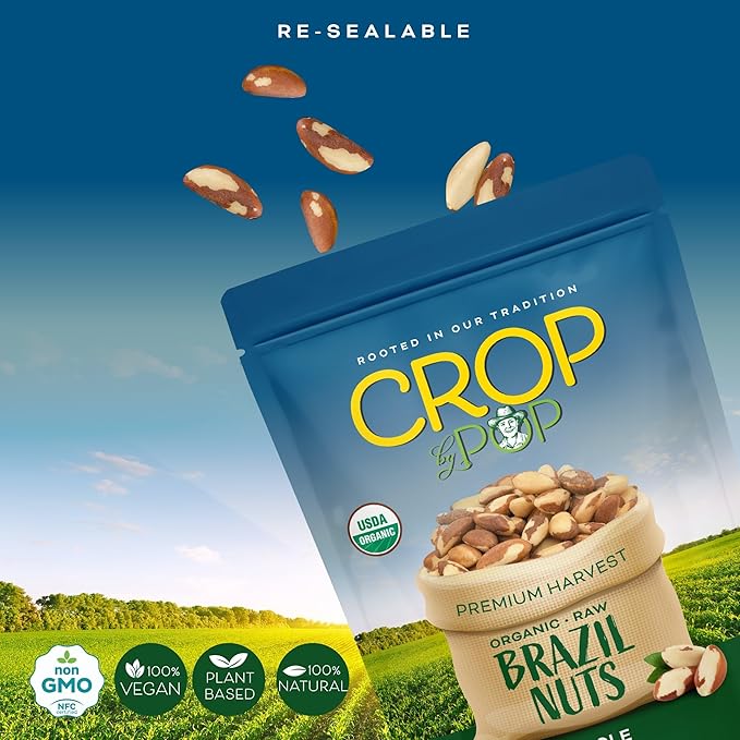 CROP BY POP - Organic Raw Brazil Nuts (8 Oz - 1 LB) Packed Fresh in Resealable Bag - USDA Organic