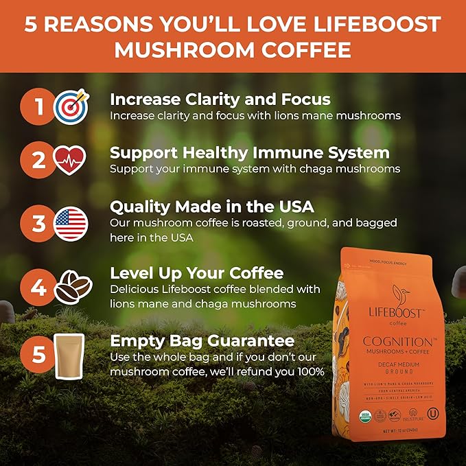 Lifeboost Cognition Decaf Mushroom Coffee - Low Acid Decaf Medium Organic Coffee with Lions Mane &