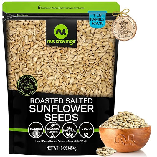 NUT CRAVINGS - Roasted Salted Sunflower Seeds Kernels to eat, No Shell Hulled (16oz - 1 LB) Bulk