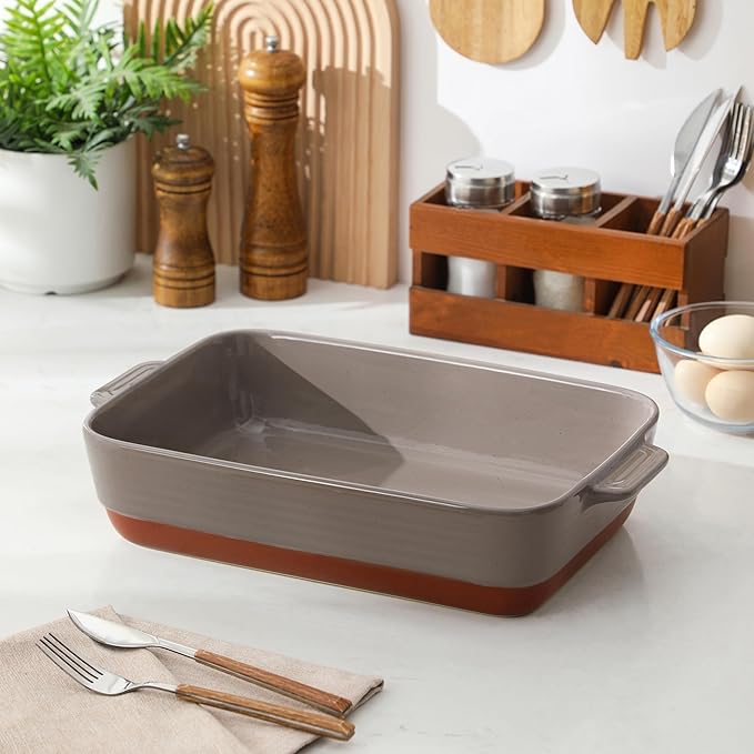 MALACASA 4.8 Qt Lasagne Dishes for Oven, 9 x 13 Inches Brown Ceramic Oven Dish with Handles, Deep