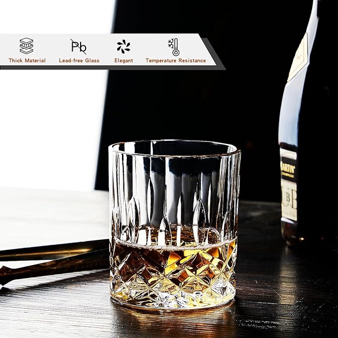 Whiskey Glasses Set of 4,Rock Glasses,11 oz Lead-Free Crystal Bourbon Glass,Old Fashioned Glass for