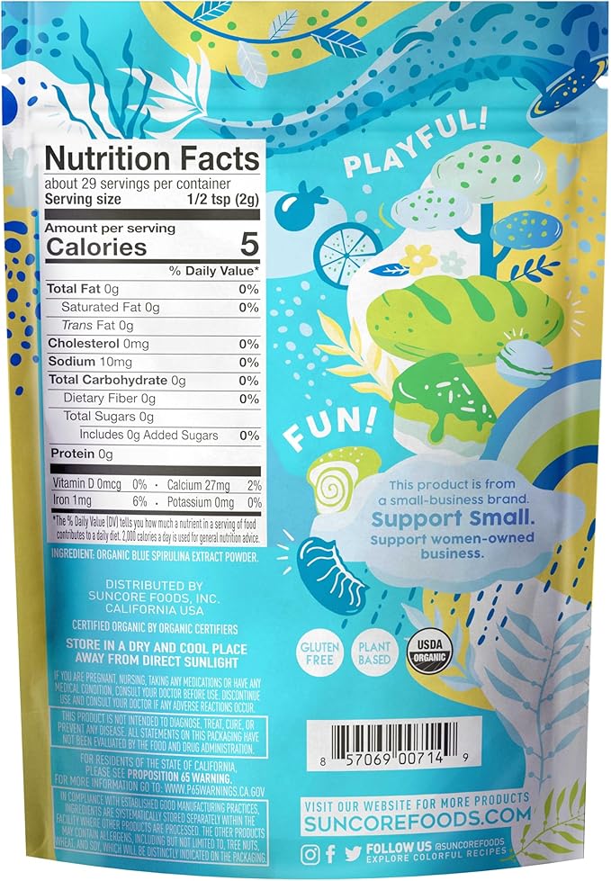 Suncore Foods Organic Aqua Blue Spirulina Powder, 2 oz (1 Bag), Gluten-Free, Non-GMO, Plant-Based