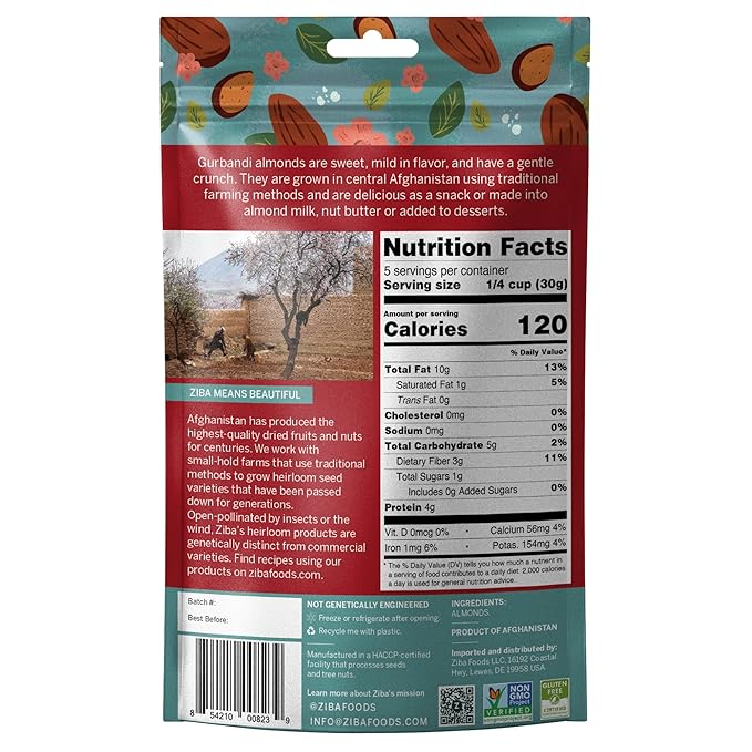 Ziba Foods Heirloom Gurbandi Raw Almonds | Non-GMO, Vegan, Whole 30 Friendly, Keto & Paleo |