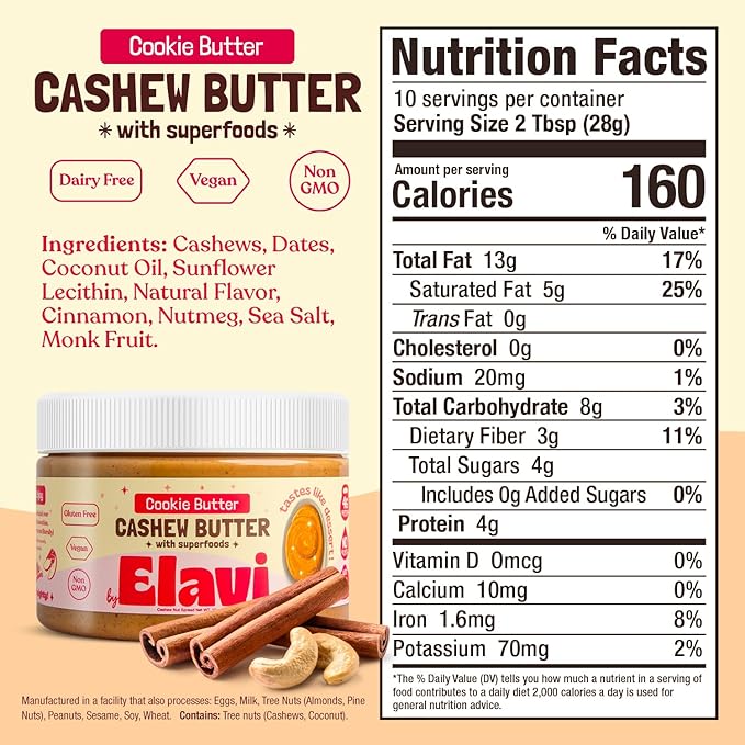 ELAVI Keto Cashew Butter, Kid-Friendly, Low-Sugar Dessert Spread | Vegan, No Added Sugar, No Sugar