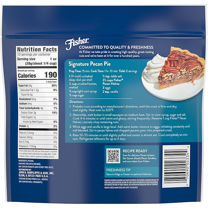 Fisher Chef's Naturals Pecan Halves 10 oz Resealable Bag, Unsalted Raw Nuts for Cooking, Baking &