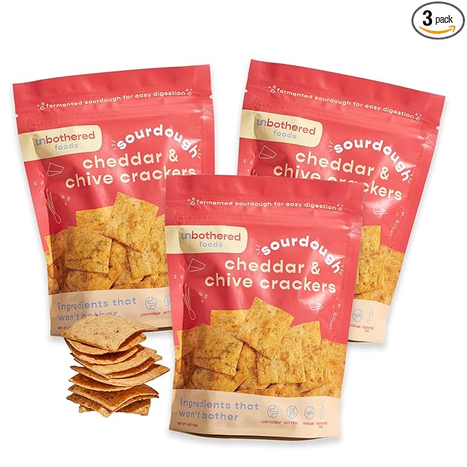 Unbothered Foods Cheddar & Chive Sourdough Crackers - Gut-Friendly & Easy to Digest, Non-GMO, No