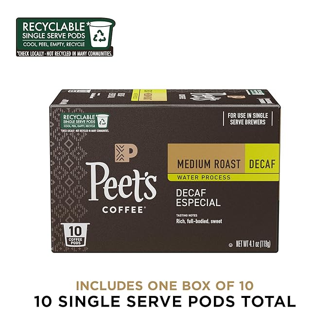 Peet's Coffee, Medium Roast Decaf Single Serve Coffee Pods - Decaf Especial 10 Count (1 Box of 10