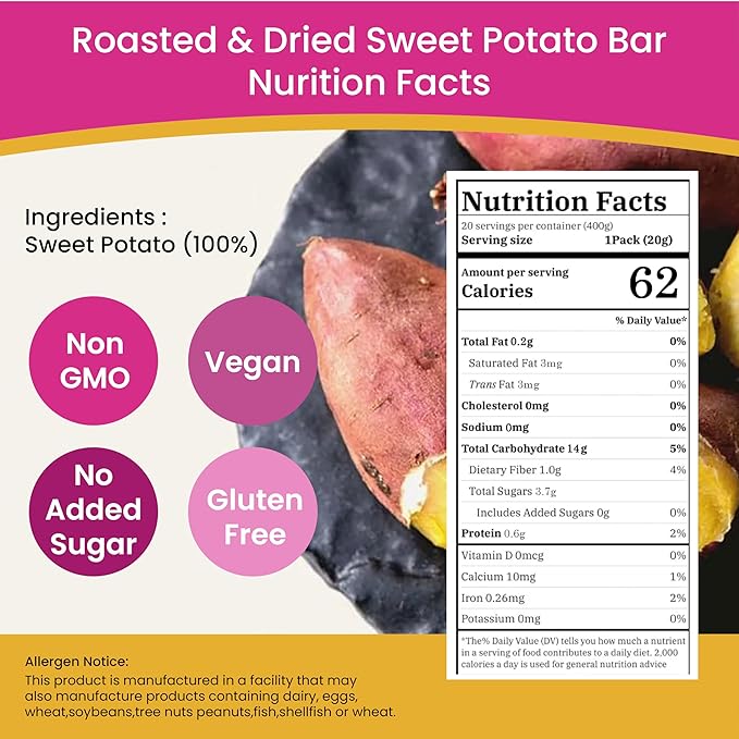 Korean Sweet Potato Sticks 20 Packs 100% Natural, Vegan, Low Carb, Gluten-Free Korean Snacks Pack