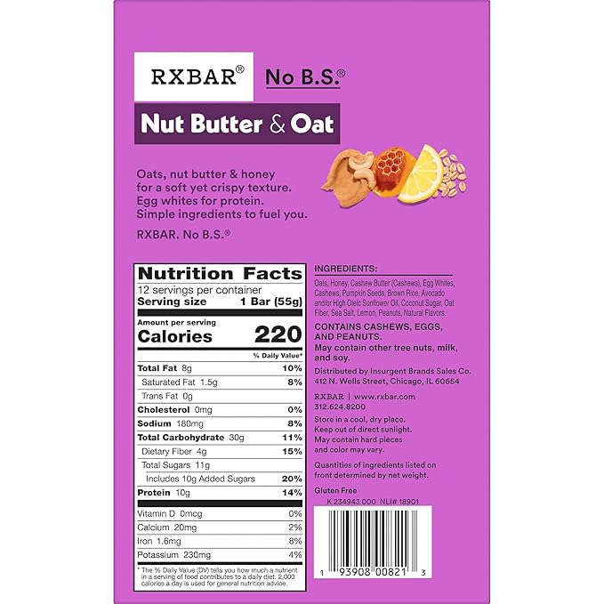 RXBAR Nut Butter and Oat Protein Bars, Protein Snacks, Snack Bars, Lemon Honey Cashew Butter