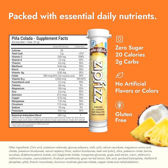 Zipfizz Daily Energy Drink Powder, Pina Colada, 20 Pack | 3-in-1 Sustained Energy, Rapid Hydration