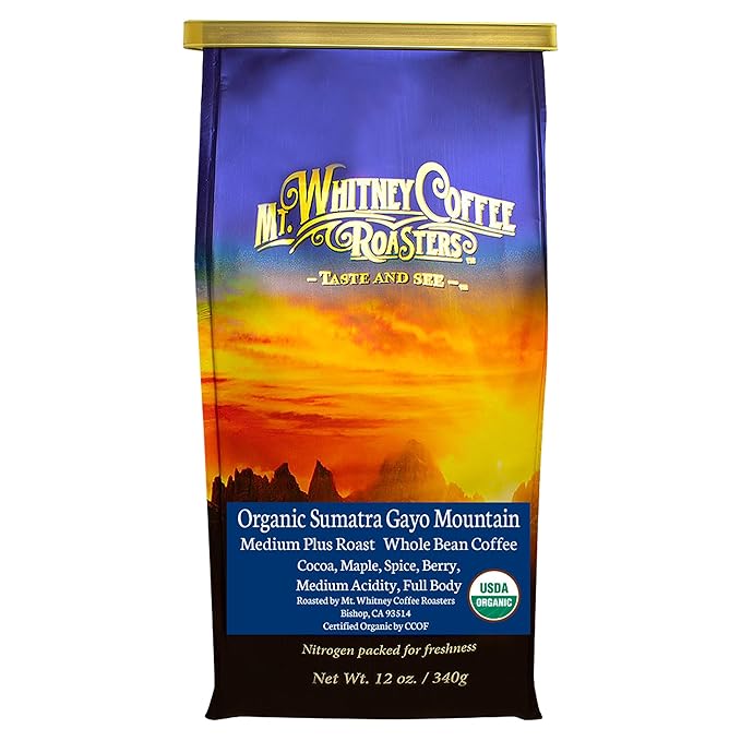 Mt. Whitney Organic Gayo Mountain Sumatra, Medium Dark Roast, Low Acid Coffee (Whole Bean, 12 Oz)