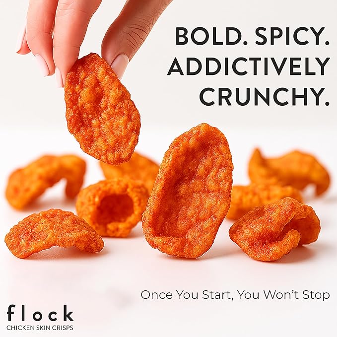 Flock Keto Chicken Skin Chips | Hattie B's Nashville Hot Flavor | Low Carb, High Protein, Sugar