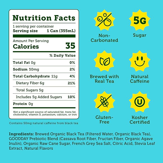 HALFDAY Prebiotic Sweet Tea Iced Tea Cans, Supports Digestive & Gut Health, 6g Plant Fiber &