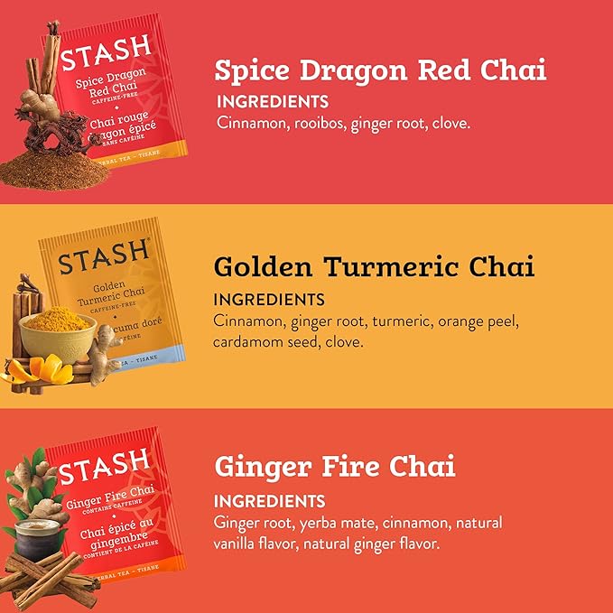 Stash Tea Chai Tea Variety Pack Sampler Assortment - Caffeinated, Non-GMO Project Verified Premium