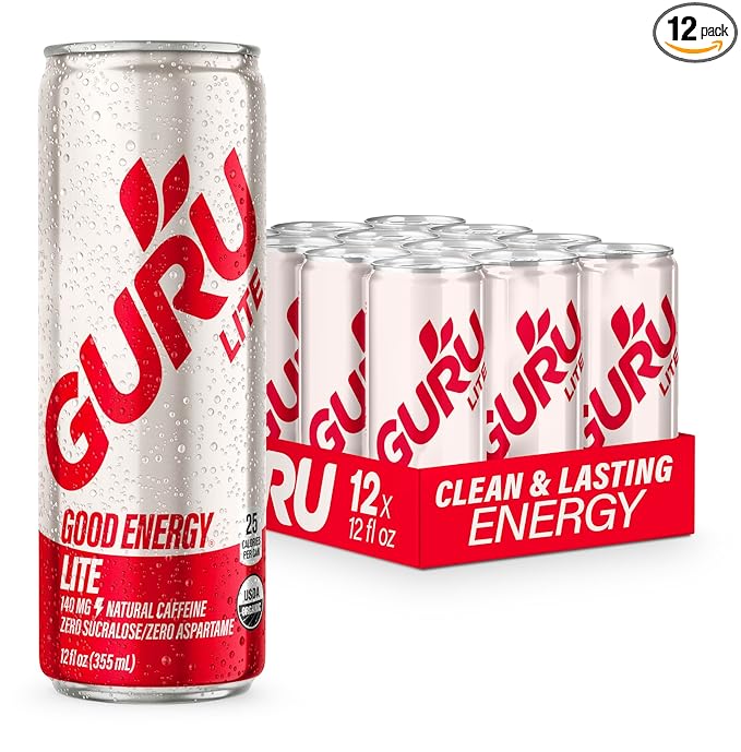 GURU Lite Organic Energy Drinks, Clean Energy Drink with Plant Based Natural Caffeine from Green