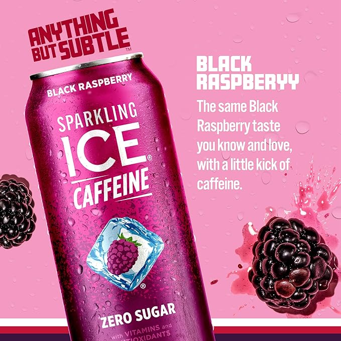 Sparkling Ice Caffeine Black Raspberry Sparkling Water with Caffeine, Zero Sugar, with Antioxidants