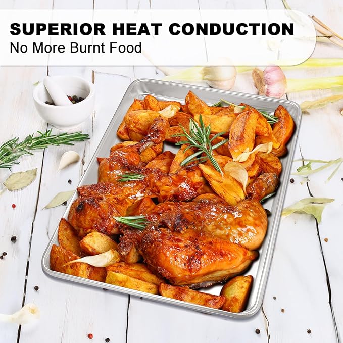 Half Sheet Pans with Rack Set, 18 Inch Commercial Quality Baking Sheet Pan Set, Natural Aluminum