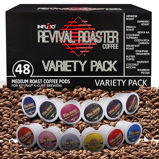 InfuSio Coffee Pods Variety Pack – 48 Count, 12 Crafted Medium & Dark Roast Blends and