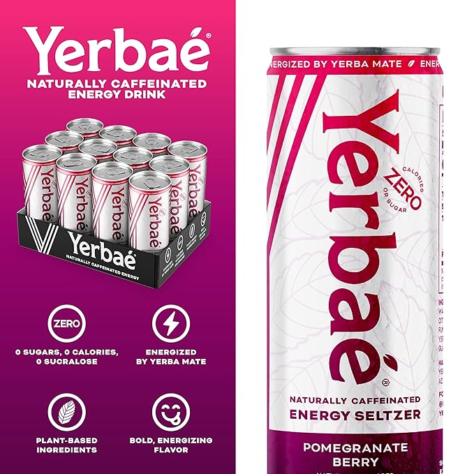 Yerbaé Energy Seltzer - Pomegranate Berry, No Sugar/Calories/Carbs. Energized by Yerba Mate