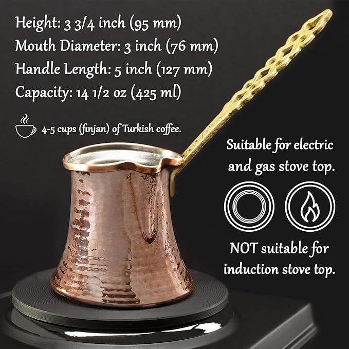 Volarium Turkish Coffee Pot, Greek Arabic Coffee Maker, Hammered Copper Coffee Cezve, Stove Top