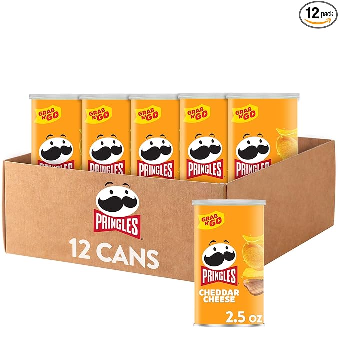 Pringles Potato Crisps Chips, Lunch Snacks, Office and Kids Snacks, Grab N' Go, Cheddar Cheese (12