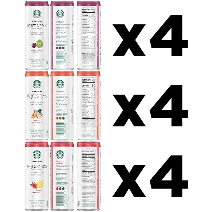 Starbucks Refreshers, 3 Flavor Variety Pack (Peach,Cherry, Stw Lmd), 12 Ounce Sleek Cans (Pack of