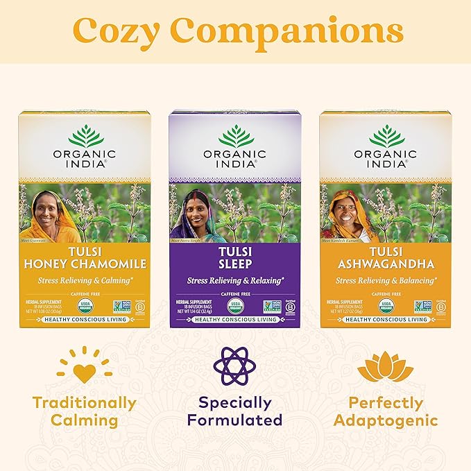 Organic India Tulsi Honey Chamomile Herbal Tea - Holy Basil, Stress Relieving & Calming, Immune