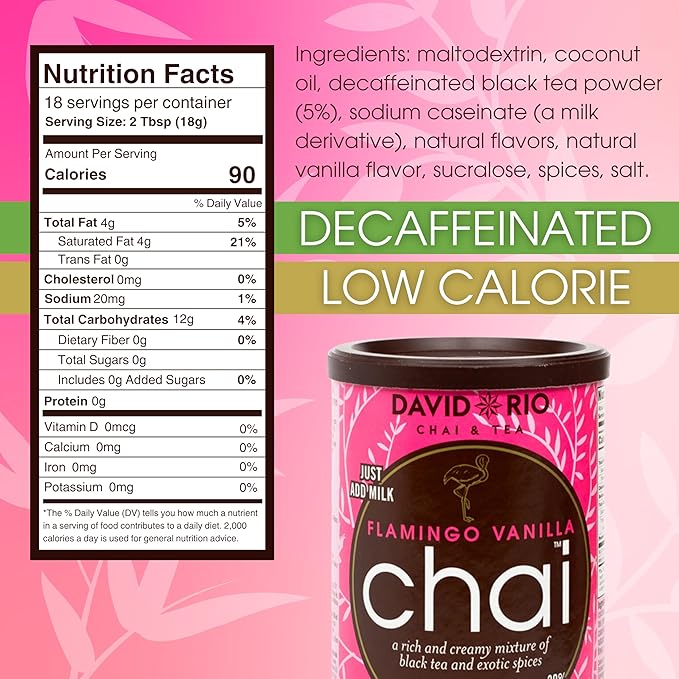 Flamingo Vanilla Decaffeinated Reduced Calorie Chai Tea Latte Mix, 11.9 Oz, Decaf Black Tea