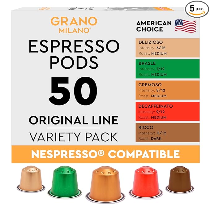 Grano Milano Variety Pack With Decaf Coffee Capsules - 50 Aluminum Coffee Pods Compatible with