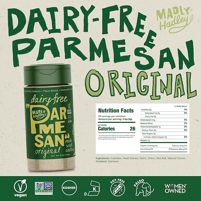 Madly Hadley Plant-Based Parmesan Cheese, 2 packs - 16oz | Original Vegan Cashew Parmesan Grated