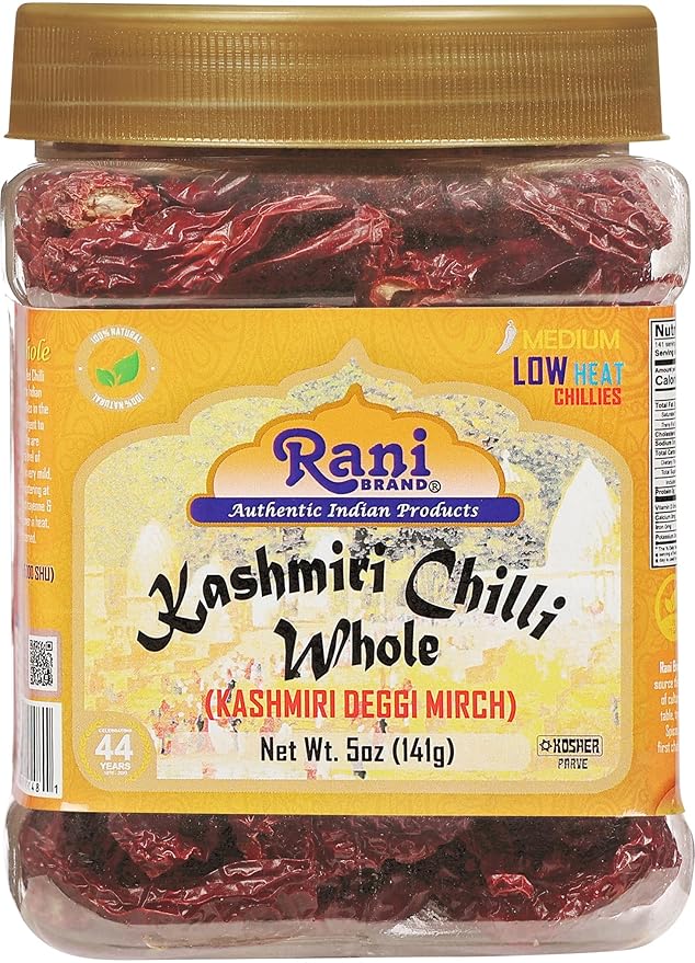 Rani Kashmiri Chilli Whole (Deggi Mirch, Low Heat) 5oz (141g) PET Jar ~ Natural | Salt-Free | Vegan
