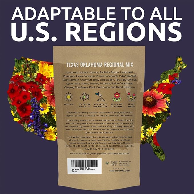 Texas Oklahoma Wildflower Seeds Mixture - Bulk 1/4 Pound Bag - Over 60,000 Native Seeds - Open