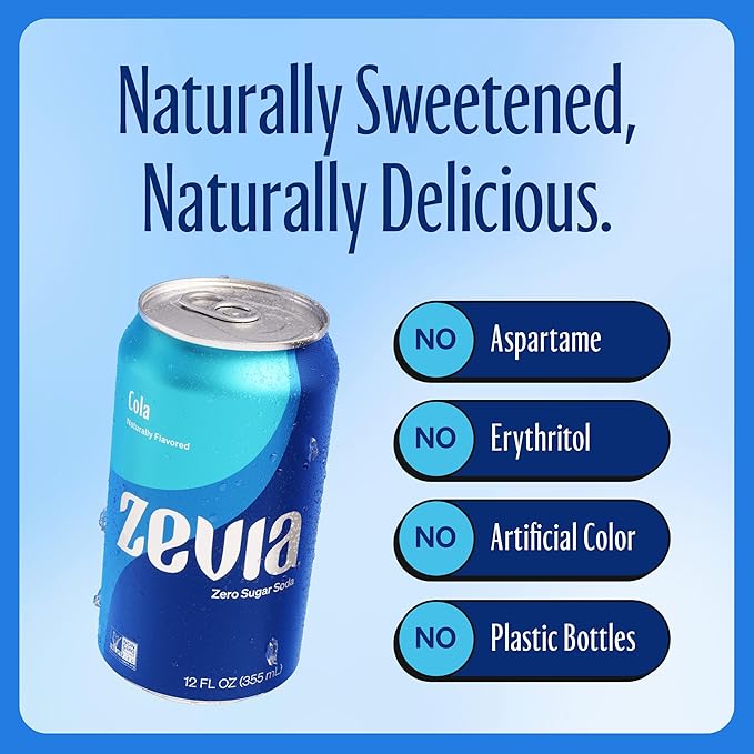 Zevia Zero Sugar Soda, Cola, 12 oz Cans (24-Pack) ??Naturally Sweetened, Zero Calorie Sugar Free