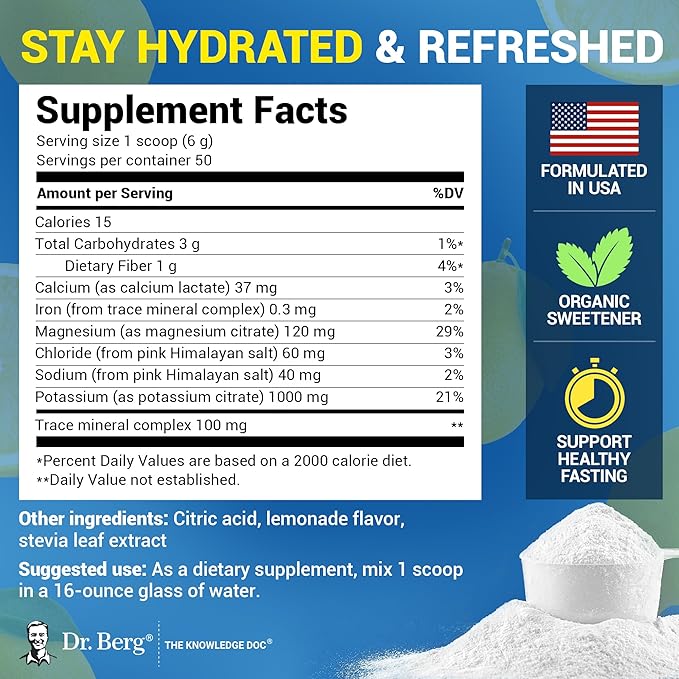 Dr. Berg Zero Sugar Hydration Keto Electrolyte Powder - Enhanced w/ 1000 mg of Potassium & Real