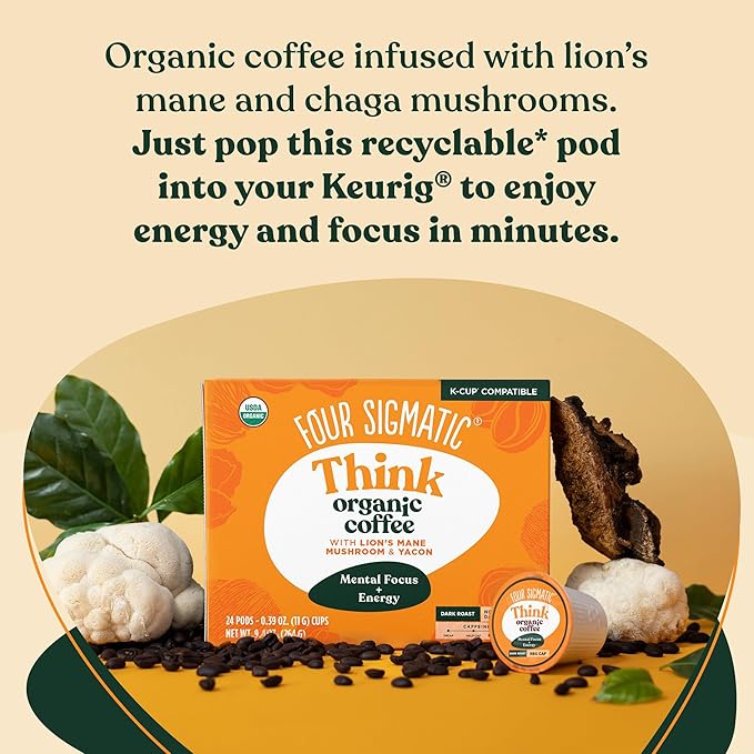 Four Sigmatic Mushroom Coffee K-Cups | Organic Dark Roast Coffee with Lion’s Mane Mushroom Powder &