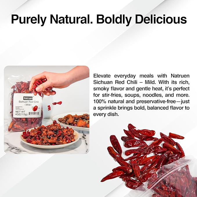 Natruen Whole Dry Szechuan Chinese Red Chili Pods 4 Oz, Mild, Facing Heaven Chili, Spicy Sichuan