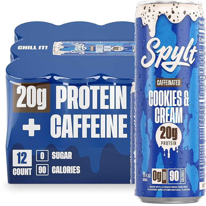 Spylt High Protein Cookies & Cream Milk with 60mg Caffeine & 20g Protein - 90 Calories, Ready to