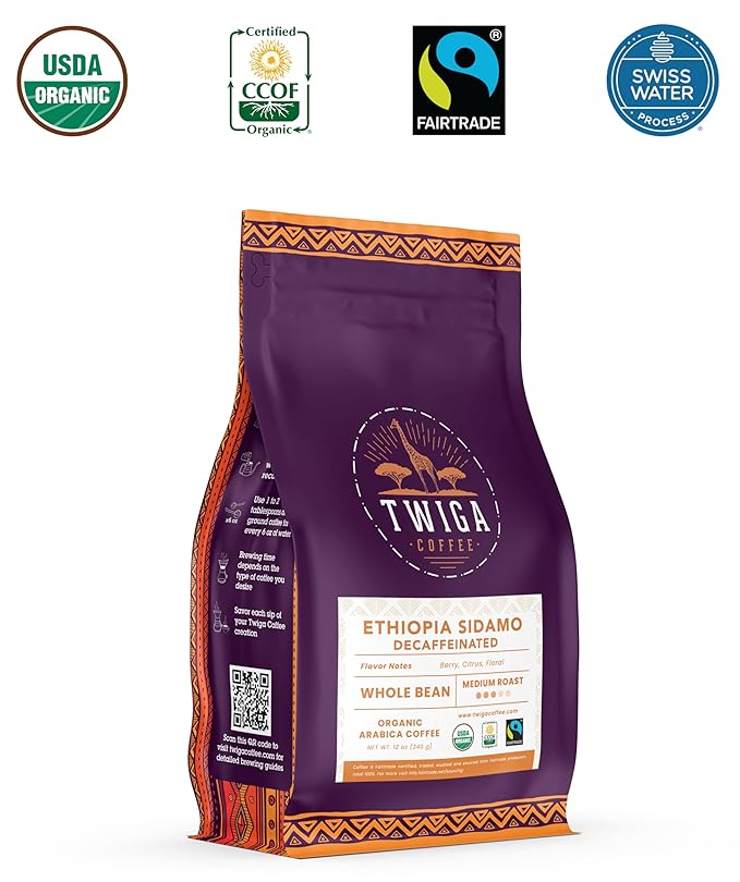 Twiga Coffee Premium Ethiopian Sidamo Decaf ??Organic Medium Roast Arabica Whole Bean ??Decaf