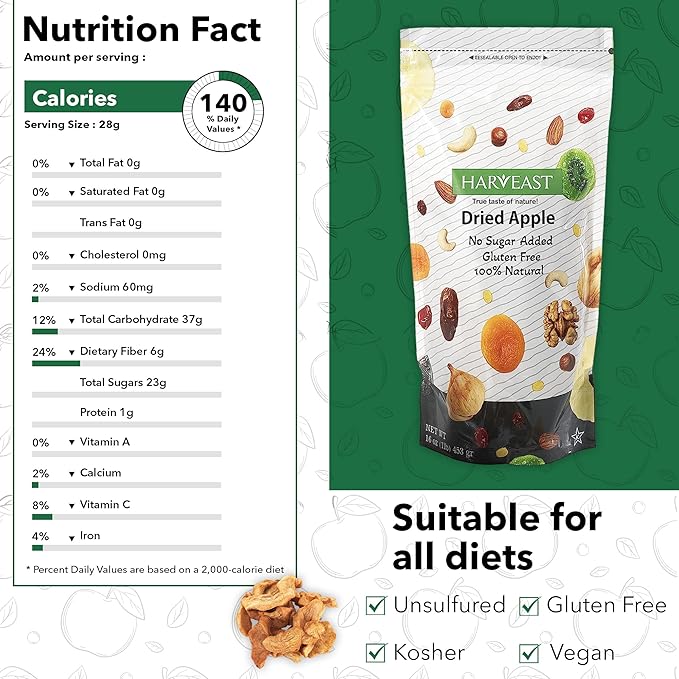 HARVEAST Dried Apples - Dehydrated Sliced Apple Snack - Tender & Sweet Whole Dried Fruits - Vegan