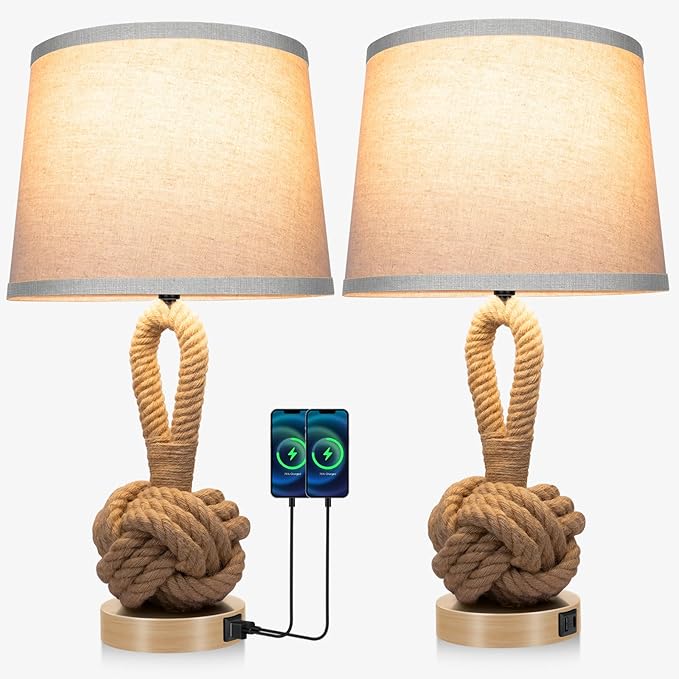 22" Rope Lamps for Night Stands, Bedside Lamps Set of 2, 3-Color Temperatures Boho Lamp with Rotary