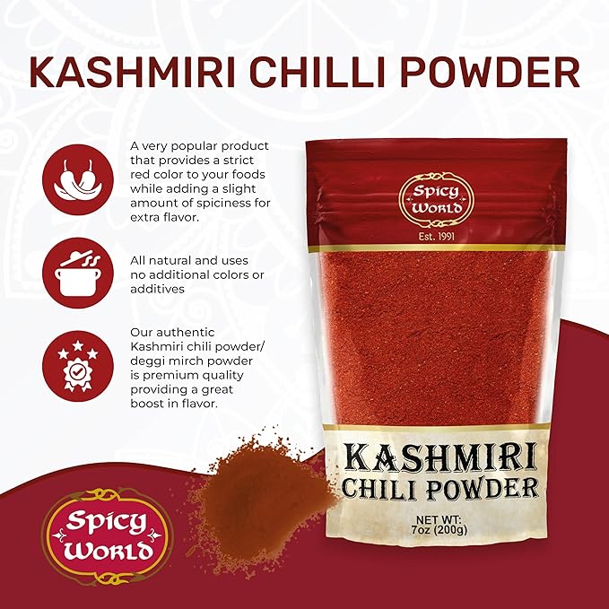 Spicy World Kashmiri Chili Powder Red 7 Ounce Resealable bag | All Natural Low Heat, Chili Powder