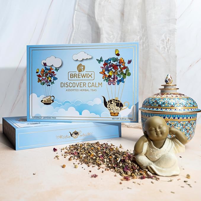 BREWIX, Discover Calm Premium Herbal Tea Christmas Gift Box (3.53oz/50+ Cups) | Tea Gift Sets For