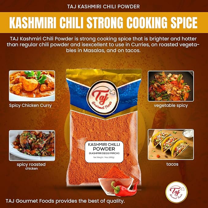 TAJ Kashmiri Chilli Powder | 14oz | Low Heat | Deggi Mirch - Salt Free All Natural