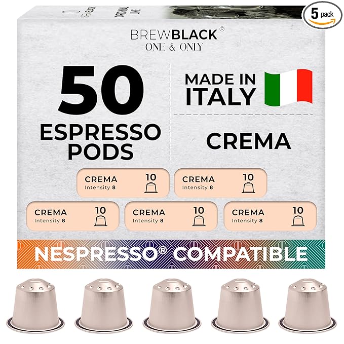 BrewBlack Crema Coffee Capsules - 50 Aluminum Coffee Pods Compatible with Nespresso Original line